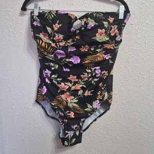 Shade & Shore Womens Floral Swim Suit - Black, Pink, Orange, Green